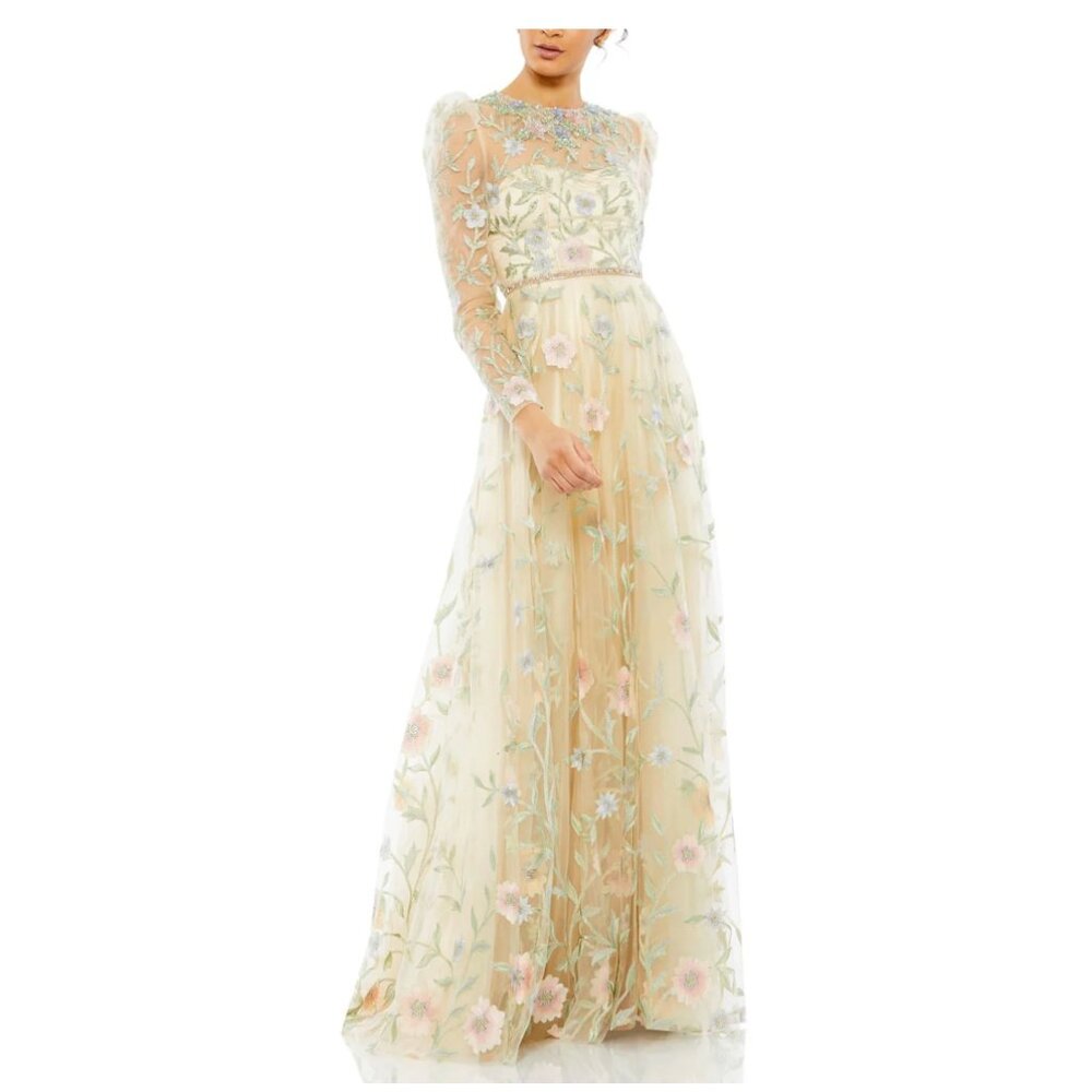 Mac Duggal Floral Embroidered Cream Dress